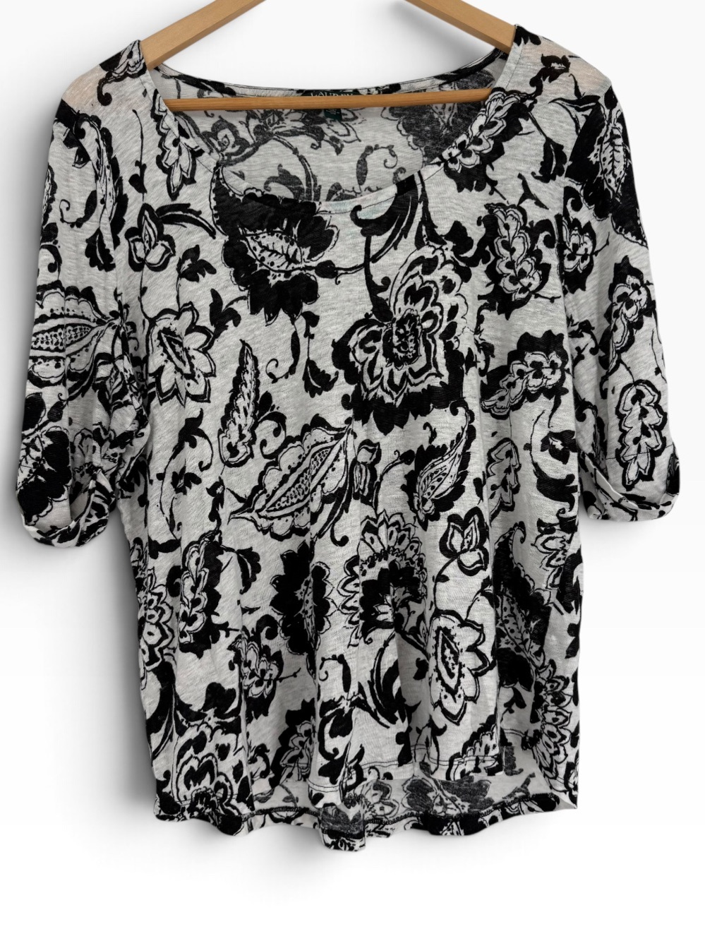 Lauren Ralph Lauren Top Womens Size XL Black White Paisley Linen Short Sleeve